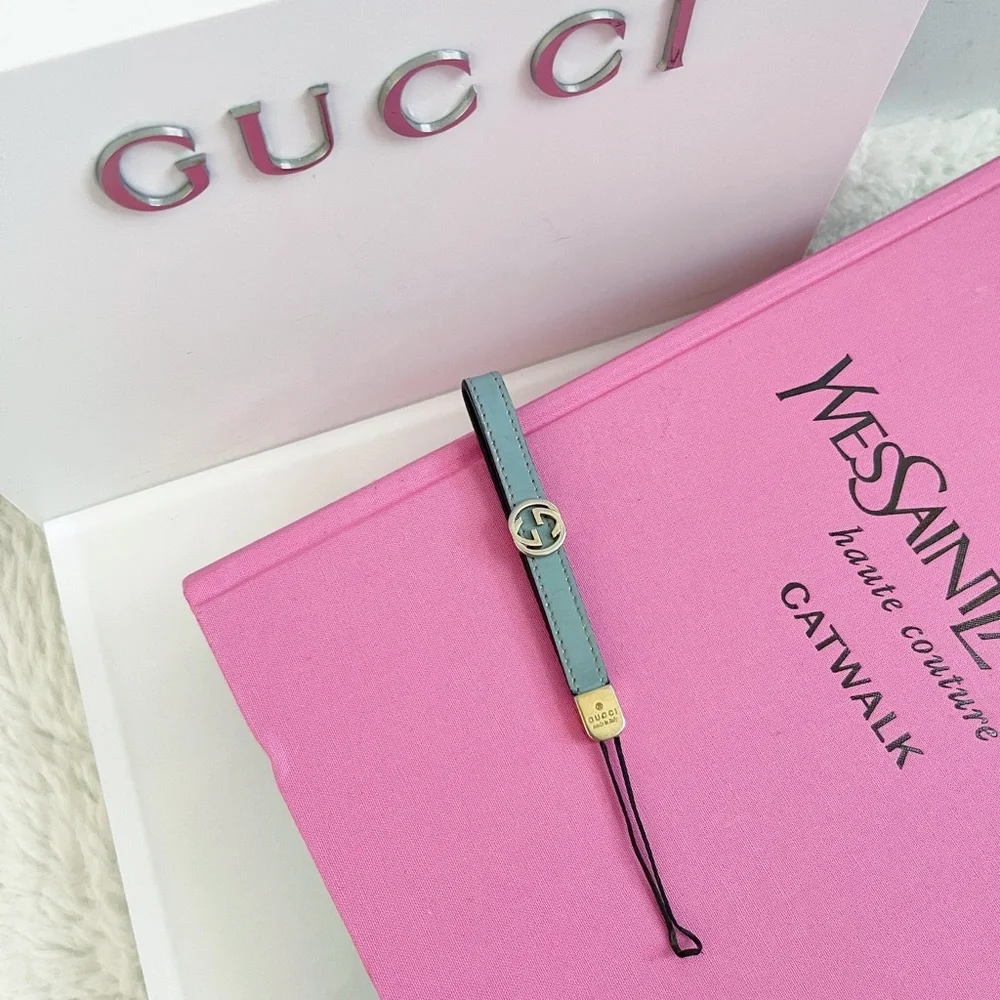 Authentic Gucci Tiffany Blue Patent Leather GG Logo Lanyard / Keychain